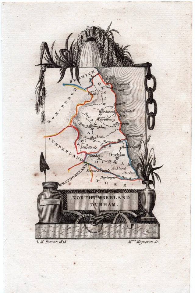 1823 A. M. Perrot Antique Map, Northumberland, Durham, England - Image 1 of 1