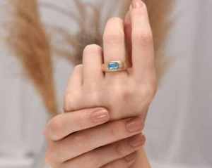 Natural Blue Aquamarine Gemstone Engagement Women Ring 10K Solid Gold - Picture 1 of 4