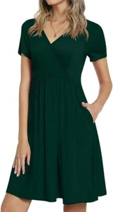 CATHY Womens Casual Tunic Dress Short Sleeve V Neck Dresses Loose Comfy Green XS - Picture 1 of 4
