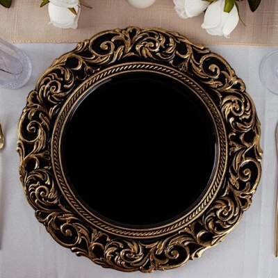 24 Black Gold 14" Round Baroque Metallic Charger Plates Wedding Supplies - Image 1 of 4