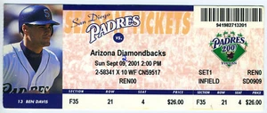 9. September 2001 San Diego Padres vs. Arizona Diamondbacks Ticket Stub Bank One BP - Bild 1 von 2