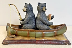 Pair Of Bear Bookends Rustic Black Bear Decor Cabin Lodge Study Canoe Fishing - Picture 1 of 11