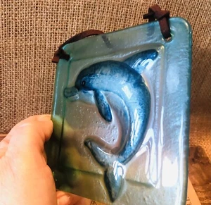 Delfino 3D Vetro Soffiato su Cordoncino di Pelle, Splendido in Finestra Giada/Blu - Foto 1 di 3