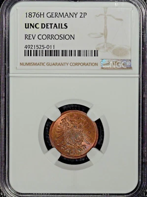 Germany 1876H 2 Pfennig, Unc Details, NGC , Rev. Corrosion - Image 1 of 2