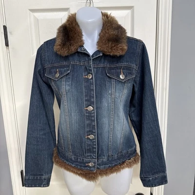 ROUTE 66 Vintage y2k 90s Women Faux Fur Trim Denim Trucker Jean Jacket western M - Image 1 of 4