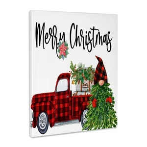 Merry Christmas Red Plaid Truck and Christmas Tree, Museum Grade Canvas Wrap - Picture 1 of 21