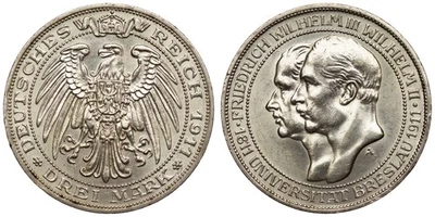 Imperio Alemán 3 marcos 1911 aniversario de la Universidad de Breslau - EXCELENTE Foto 1 de 3