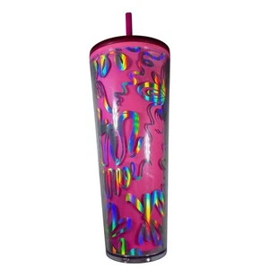 Starbucks Pink Holographic 24 Oz Tumbler & Straw & Lid ribbon travel coffee cup - Picture 1 of 4