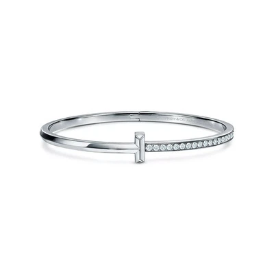 Tiffany & Co. T1 Narrow Diamond Hinged Bracelet 18k White Gold Medium Authentic Foto 1 de 4