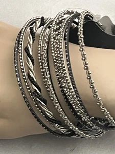 Lane Bryant NEW 11 Bangle Bracelets Variety Stack /Black n Silver Metal - Picture 1 of 7