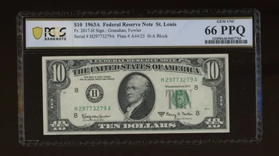DBR 1963-A $10 FRN St. Louis Gem Fr. 2017-H PCGS-B 66 PPQ Serial H29773279A - Image 1 of 2