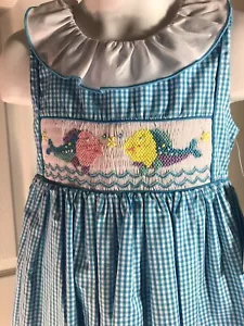 Marmellata Dress Smocked Tropical Fish Aqua Blue Checked Sz 4 NWT $70 - Picture 1 of 11