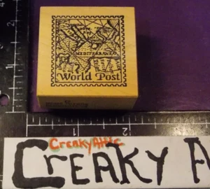 WORLD POST POSTAGE MEDITRANIAN VINTAGE RUBBER STAMP TOYBOX CREAKYATTIC - Picture 1 of 2