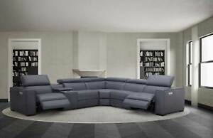 J&M Furniture Picasso Blue Gray Top Grain Leather Motion Sectional Sofa 6 Pieces
