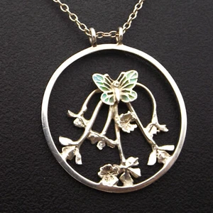 Norman Grant Necklace Butterfly flowers sterling silver enamel pendant and chain - Picture 1 of 17