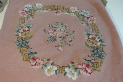2 Vintage Wool Needlepoint Floral on Pink Panel Chair Seat Covers 28 x 29 - Image 1 of 4