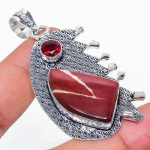 Red Mookaite, Garnet Gemstone 925 Sterling Silver Jewelry Pendant 2.44" J806 - Picture 1 of 2