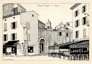 Port of Saint Tropez Black / White drawing art Vintage Postcard - Picture 1 of 2