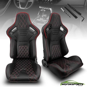 Black PVC Main Red Line Sport Racing Bucket Seats w/Sliders Left&Right Pair - Picture 1 of 9