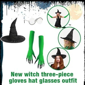 New Witch Three-Piece Set Gloves Hat Glasses Dress Funny Set Costume Witch P2Y2 - Picture 1 of 12