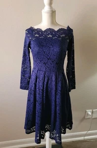 Retro 50s Inspired Dress Small Navy Blue Off The Shoulder Lace Fit Flare MissMay - Picture 1 of 12