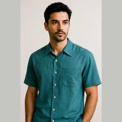 Camisa de manga corta con botones de seda azul para hombre Johnston and Murphy talla XL Foto 1 de 4