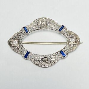 Art Deco 14K White Gold 0.12ctw Diamond 0.12ctw Blue Sapphire Brooch Pin 3.1g