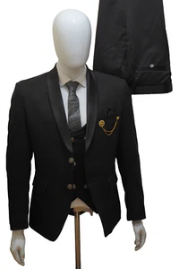 Mens 3 Piece Tuxedo Black Patterned Jacket Party Wedding Suit - Picture 1 of 8