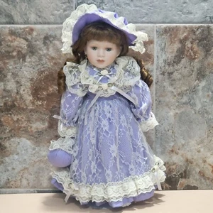 Vintage Porcelain Doll Lavendar Lace Dress Matching Hat Lace Accents 16 " - Picture 1 of 15