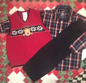 IZOD Boy Christmas 3-Piece Set Reindeer Sweater Vest Dress Shirt Pants 4 4T EUC
