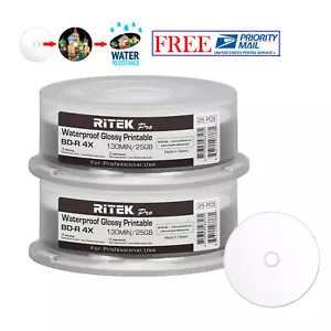 50 Ritek Pro BD-R 4X 25GB Water Resistant Glossy White Inkjet Hub Printable Disc - Picture 1 of 8