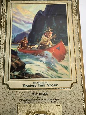 1929 Calendar sign Moose Hunters Firestone Tires Lightning Rods Otisfield Maine - Image 1 of 4