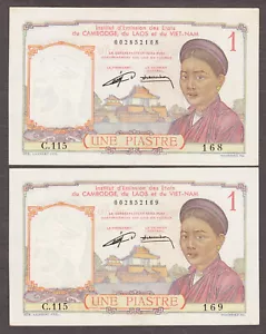 Francia Indocina 2 Consecutive One Piastre ND (1953) Seconda Guerra Mondiale Pick-92 CH UNC - Foto 1 di 2