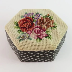 Vintage Embroidered Needlepoint Hand Sewn Floral Top Trinket Jewellery, Ring Box - Picture 1 of 4