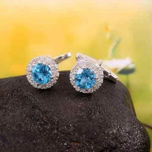 2.50Ct Round Cut Lab-Created Blue Topaz Men's Cufflinks in 14K White Gold Plated - Picture 1 of 7
