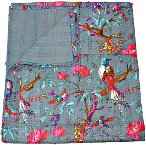 Manta Edredón Kantha Algodón Estampado Pájaro Color Gris Hecha a Mano Kantha Trabajo 90X108 pulgadas - Imagen 1 de 3
