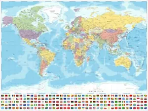 (LAMINATED) MAP OF THE WORLD POSTER GIANT SIZE 120X90cm FLAGS WALL PRINT TRAVEL - Picture 1 of 1