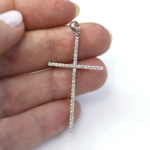 0,5 ctw natürlicher echter Diamant massiv 14k Weißgold lang dünnes Kreuz Anhänger 47 mm - Bild 1 von 5