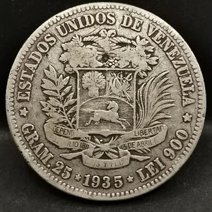 5 BOLIVARS ARGENT 1935 SIMON BOLIVAR VENEZUELA / SILVER / BOLIVARES - Picture 1 of 3