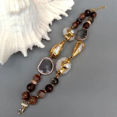 8" 2 Strands  Agate White Biwa Pearl Cat Eye Quartz Druzy Slice Beaded Bracelet - Image 1 of 4