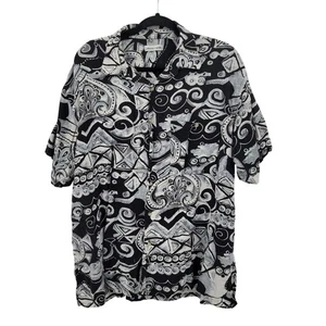 Vtg 80s Mens Sz 1X Short Sleeve Black White Tiki Rayon Button-Up Shirt Hawaiian - Picture 1 of 9