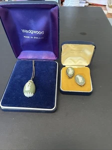 Wedgwood grüner Jasperware Tanzende Stunden Ei Anhänger Halskette Ohrringe Sterling - Bild 1 von 7