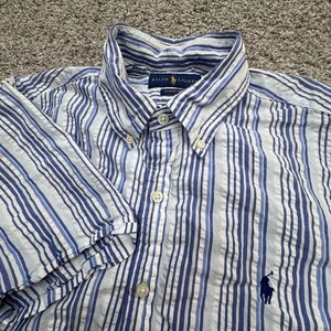 Polo Ralph Lauren Shirt Mens Medium Blue Plaid Seersucker S/S Classic Fit EUC - Picture 1 of 8