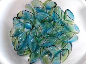 Transparent Handmade Blown Glass Globe Beads, Rice, 19x10mm, Blue, 5 pce - Picture 1 of 3