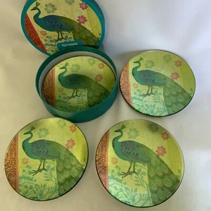 4 Pier 1 Peacock Appetizer Playes New in Box Foiled Shiny Gold Silver 6 inch - Picture 1 of 11