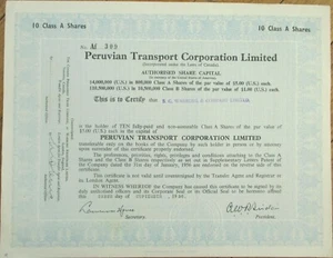 Peru, Südamerika 1956 Aktienzertifikat, Peruvian Transport Corporation blau - Bild 1 von 1