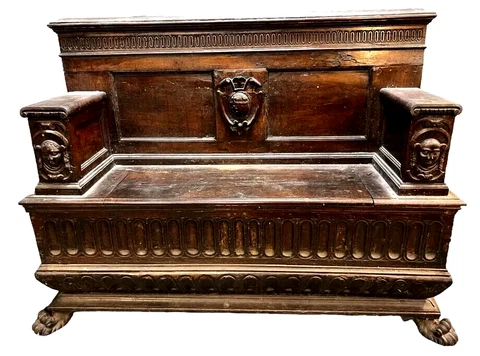 Antique Hall Bench, French Renaissance Revival, Carved Shields, Faces, 1700's!! Cover