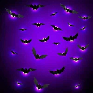 Halloween Deko 24 Stück LED Lila Fledermaus Deko Wandaufkleber 3D Halloween Deko - Bild 1 von 7