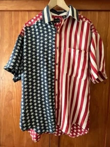 VTG 90's Men's Structure Silk Star & Stripes Short Sleeved Button-Up Shirt Small - Picture 1 of 6