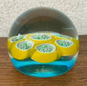 Paperweight Paper Weight Clear Glass Yellow Blue Flowers Italian ? Millefiori - Picture 1 of 7
